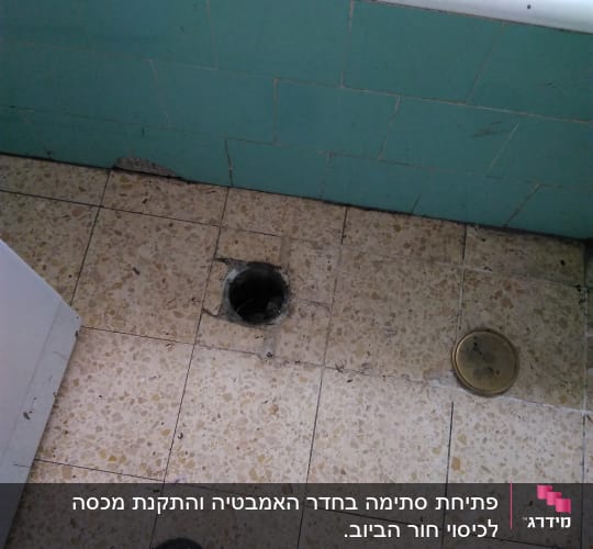 חור ברצפה ליד אמבטיה, רגל עם מגף